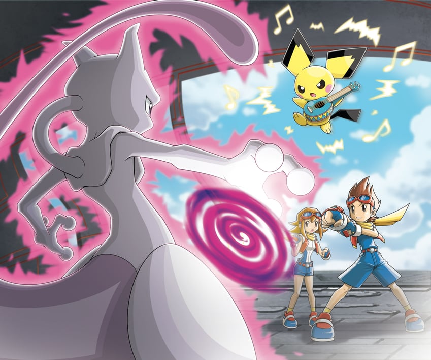 pichu, mewtwo, summer, ben, and ukulele pichu (pokemon and 2 more) drawn by saitou_kouki