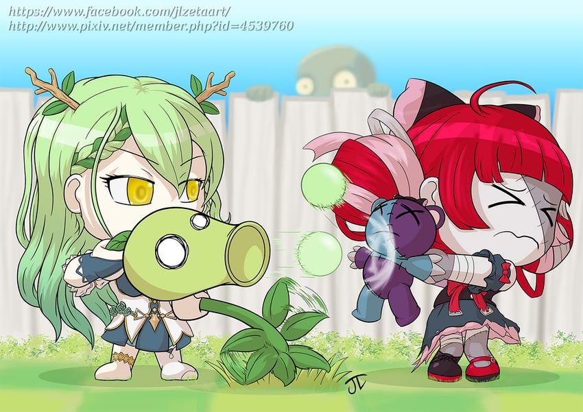ceres fauna, kureiji ollie, peashooter, and zombie (hololive and 3 more) drawn by jlzeta