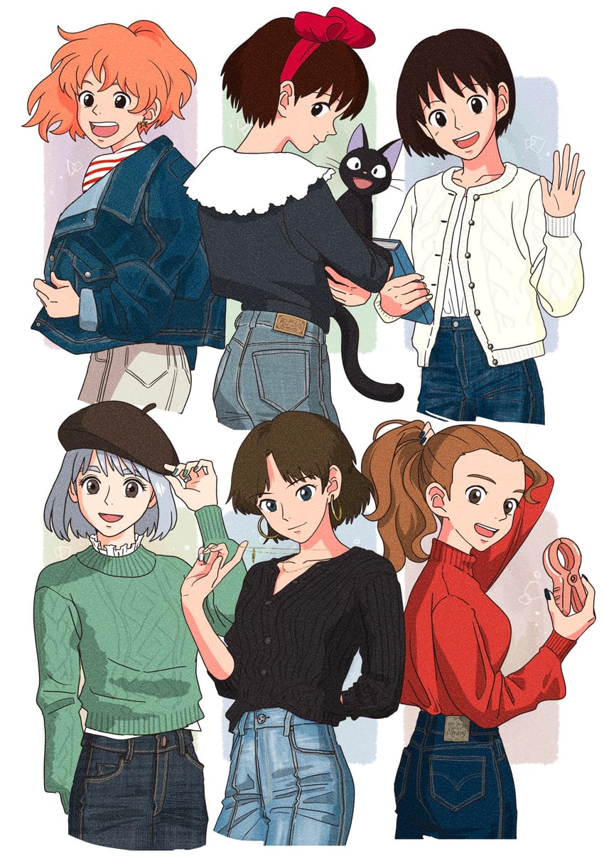 kiki, san, jiji, sophie hatter, ponyo, and 2 more (studio ghibli and 6 more) drawn by rikaco1988