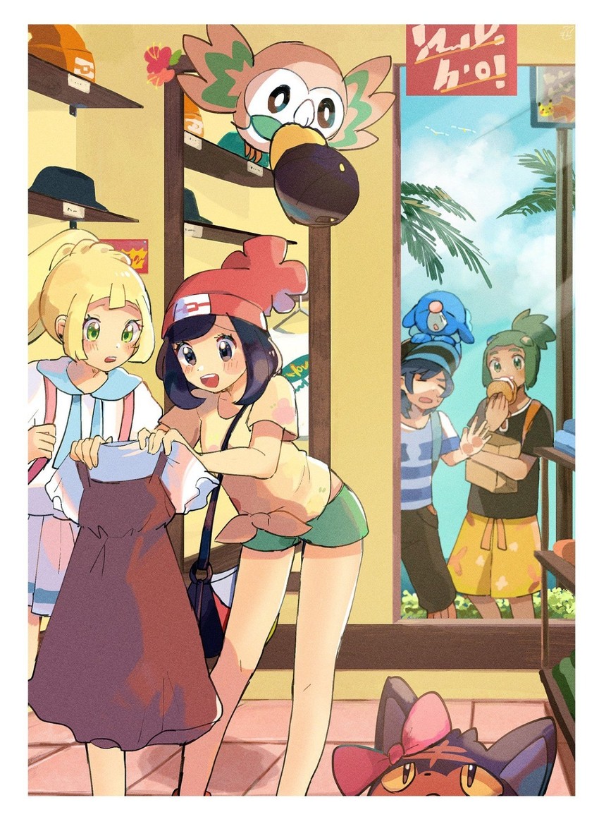 lillie, selene, rowlet, elio, popplio, and 2 more (pokemon and 1 more) drawn by ririmon