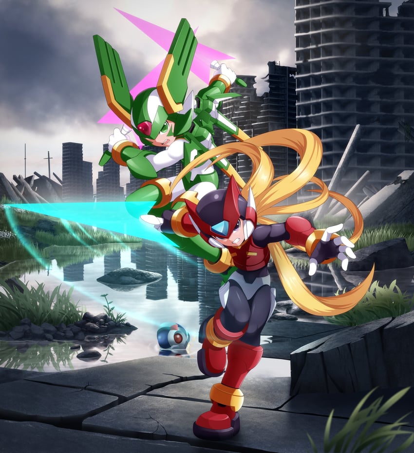 zero, zero(z), sage harpuia, and pantheon (mega man and 1 more) drawn by jwc_vevo