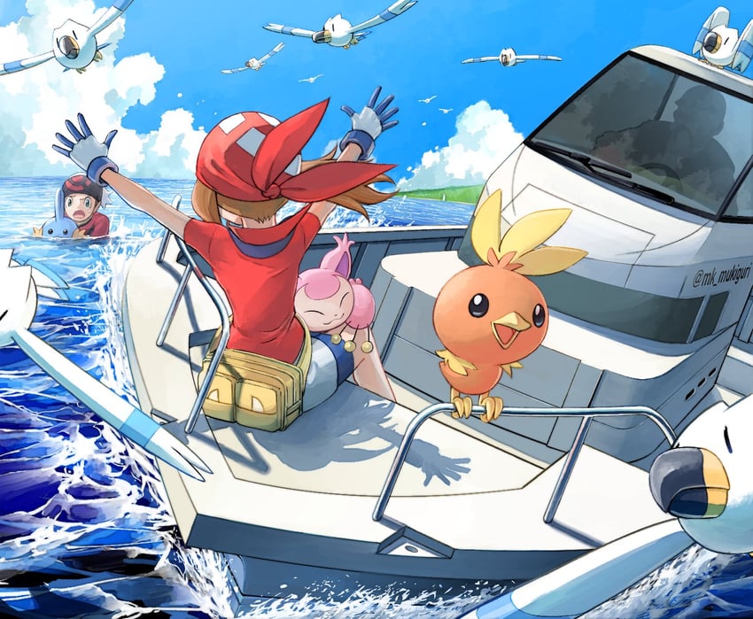 may, brendan, torchic, mudkip, wingull, and 2 more (pokemon and 1 more) drawn by mukiguri