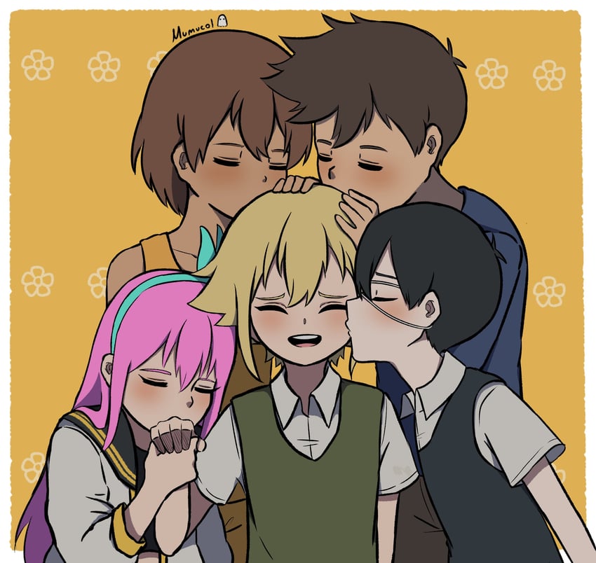 sunny, basil, aubrey, kel, and hero (omori) drawn by mumucol