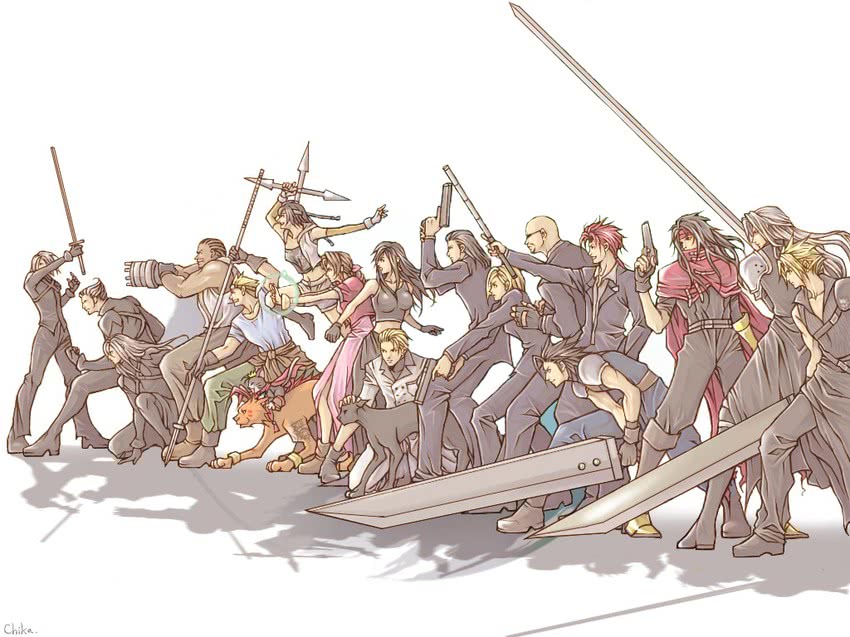 tifa lockhart, cloud strife, aerith gainsborough, sephiroth, yuffie kisaragi, and 15 more (final fantasy and 3 more) drawn by popochan-f