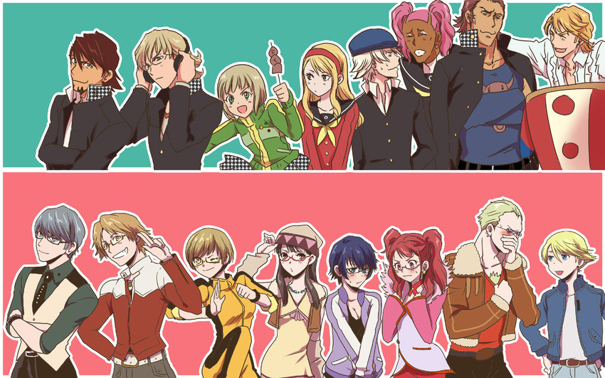 narukami yu, barnaby brooks jr., shirogane naoto, kaburagi t. kotetsu, satonaka chie, and 11 more (persona and 2 more) drawn by sakazakimay