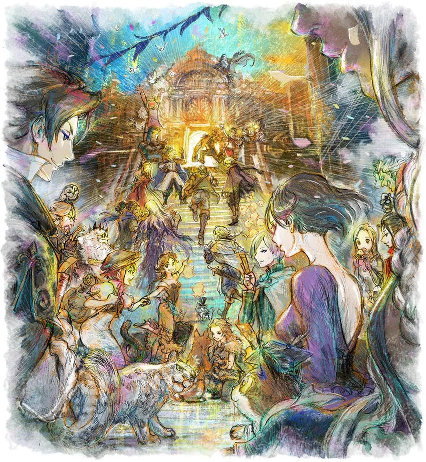 therion, tressa colzione, ophilia clement, primrose azelhart, cyrus albright, and 11 more (octopath traveler and 3 more) drawn by ikusy
