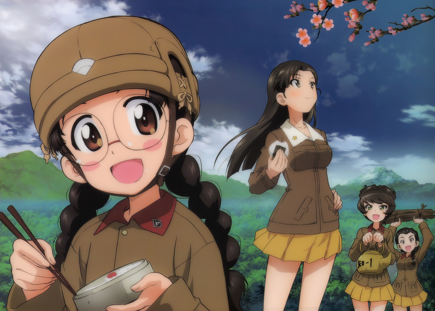 nishi kinuyo, fukuda haru, hosomi shizuko, and tamada tamaki (girls und panzer)