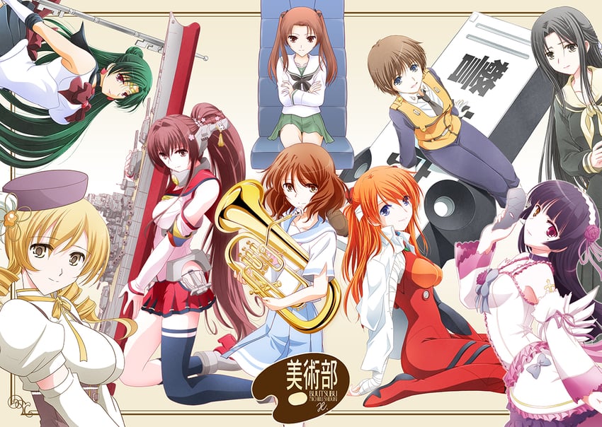 tomoe mami, souryuu asuka langley, yamato, gokou ruri, oumae kumiko, and 5 more (kantai collection and 8 more) drawn by shizuki_michiru