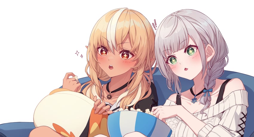 shirogane noel and shiranui flare (hololive) drawn by tang-du