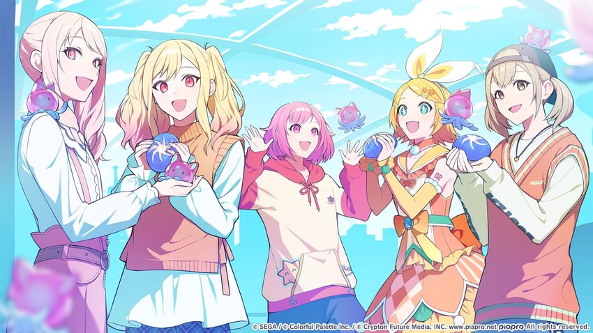 kagamine rin, akiyama mizuki, ootori emu, azusawa kohane, tenma saki, and 1 more (vocaloid and 1 more) drawn by sogawa