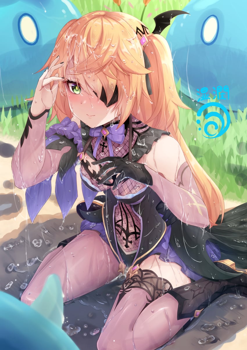 fischl, slime, and hydro slime (genshin impact) drawn by bassa