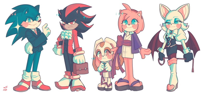 sonic the hedgehog, shadow the hedgehog, amy rose, rouge the bat, phoenix wright, and 5 more (sonic and 1 more) drawn by sunsunsweetie