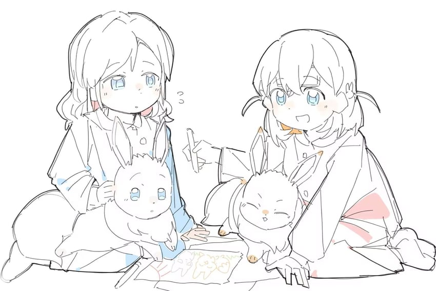 hinoshita kaho, eevee, and ceras yanagida lilienfeld (pokemon and 2 more) drawn by nimingduz