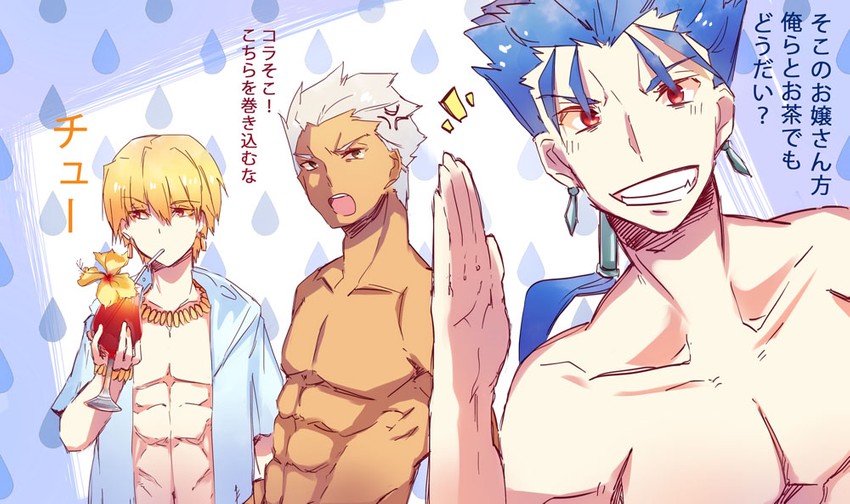 cu chulainn, archer, and gilgamesh (fate and 1 more) drawn by msg01