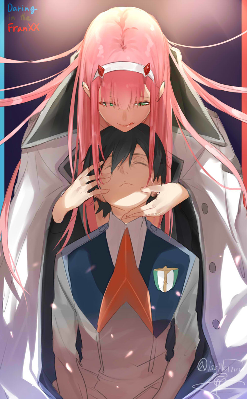 zero two and hiro (darling in the franxx) drawn by isshiki_(ffmania7)