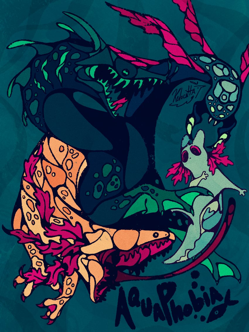 rivulet, salamander lizard, eel lizard, and aquapede (rain world) drawn by kelocitta