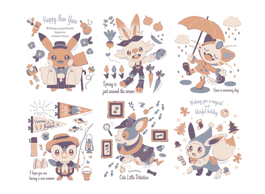 pikachu, eevee, piplup, scorbunny, meowth, and 3 more (pokemon) drawn by manami_(uovoegg)