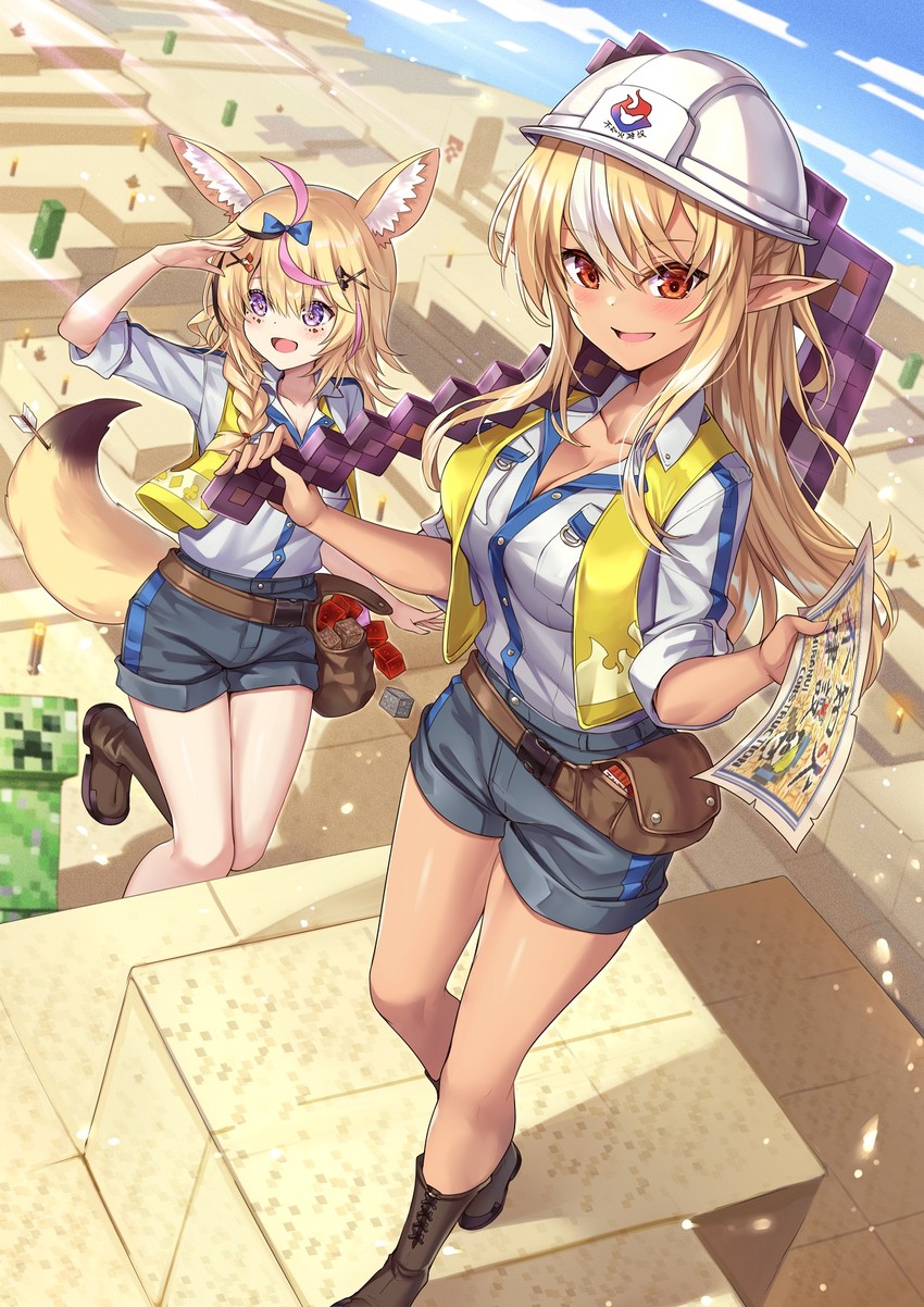 shiranui flare, omaru polka, and creeper (hololive and 1 more) drawn by ks_(xephyrks)
