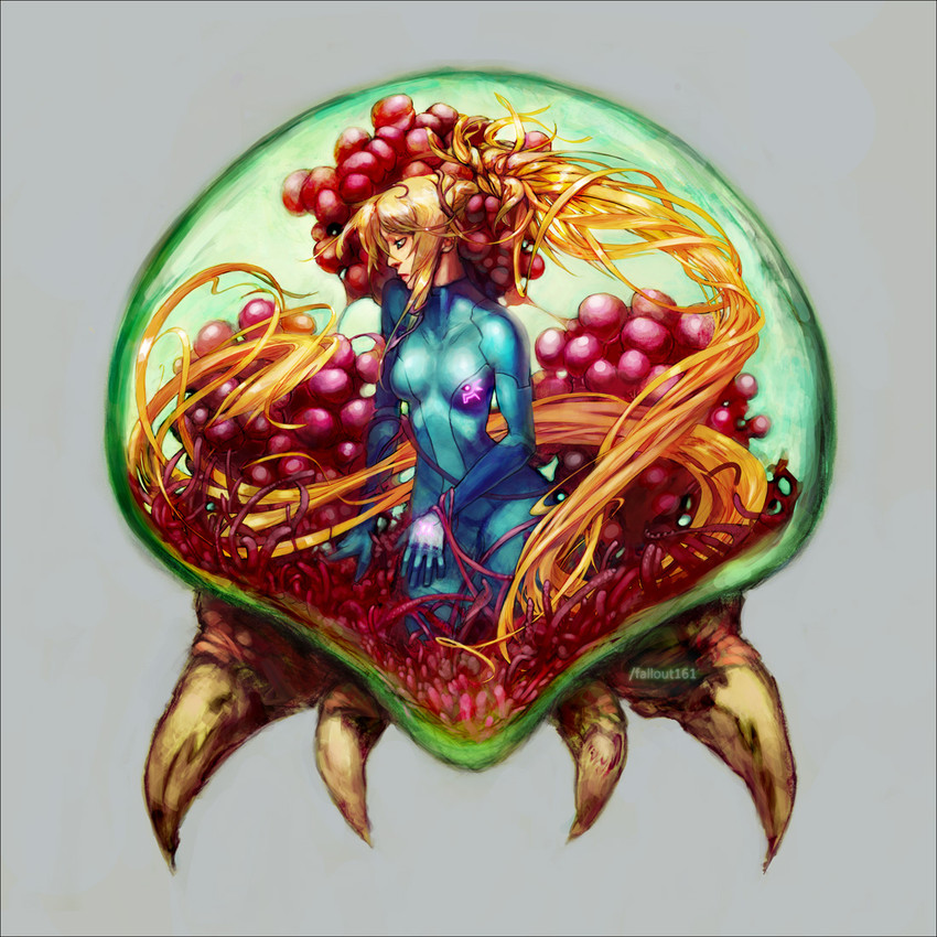 samus aran, metroid, and metroid larva (metroid) drawn by fallout161