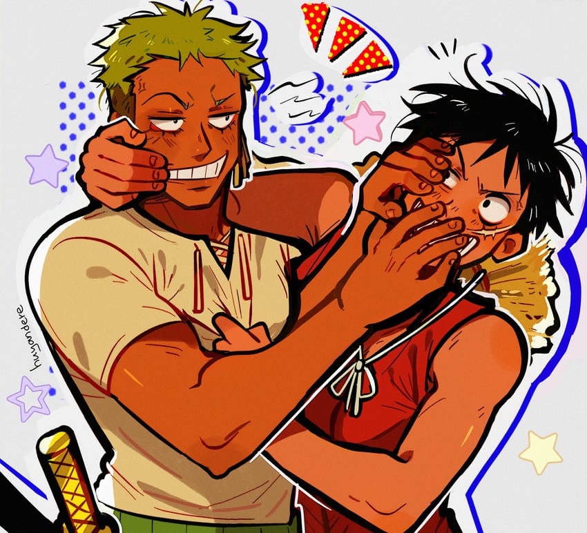 monkey d. luffy and roronoa zoro (one piece) drawn by huyandere