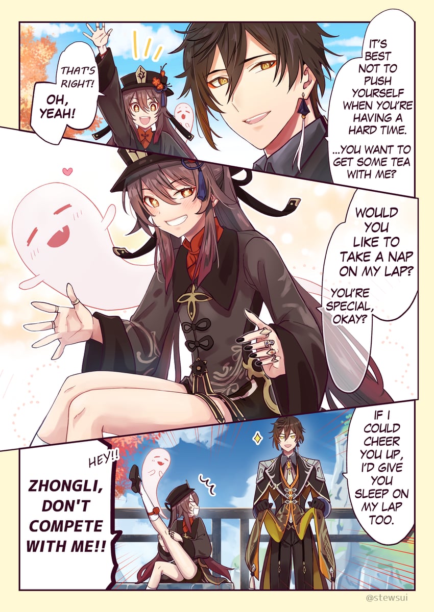 hu tao, zhongli, and boo tao (genshin impact) drawn by stewsui