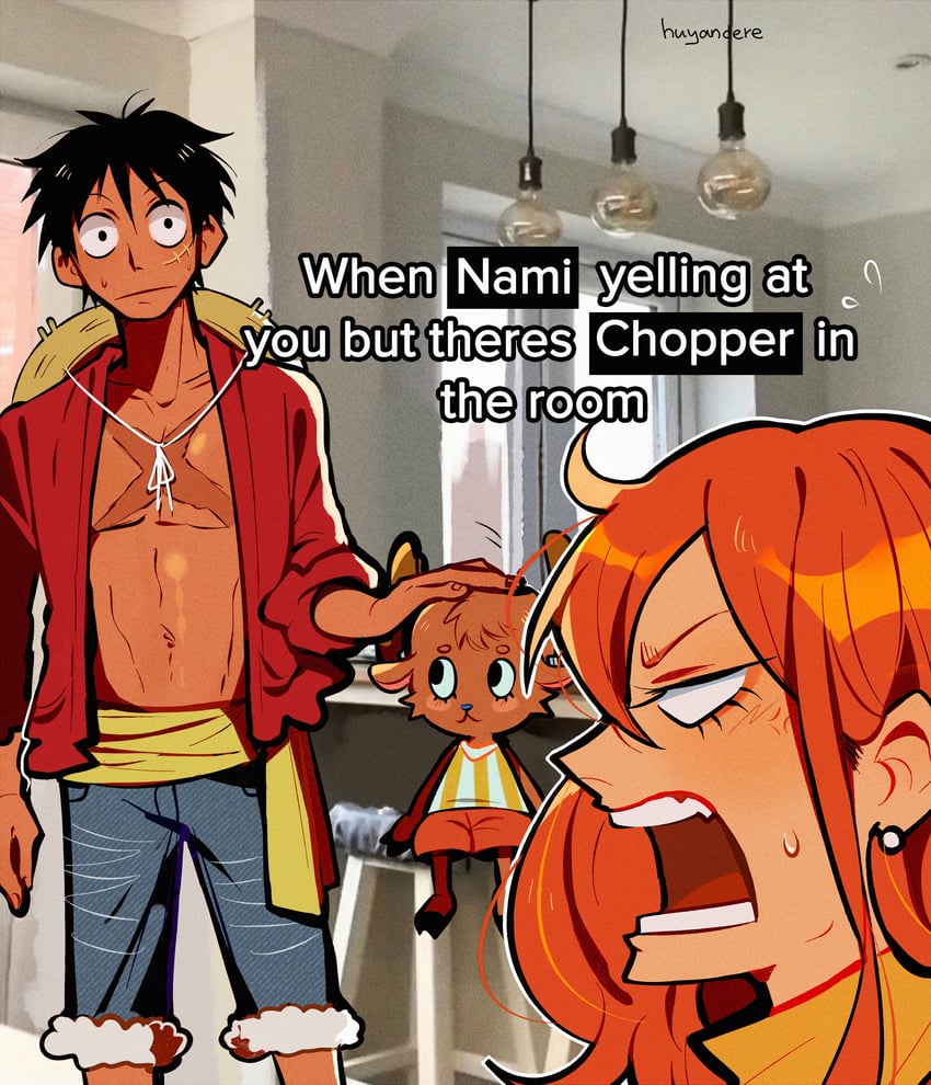 nami, monkey d. luffy, and tony tony chopper (one piece) drawn by huyandere