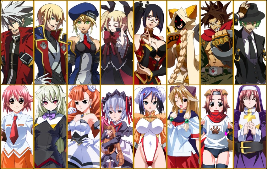 noel vermillion, ragna the bloodedge, rachel alucard, taokaka, jin kisaragi, and 12 more (blazblue and 3 more) drawn by akaga_hirotaka, mizuki_gyokuran, and mori_toshimichi