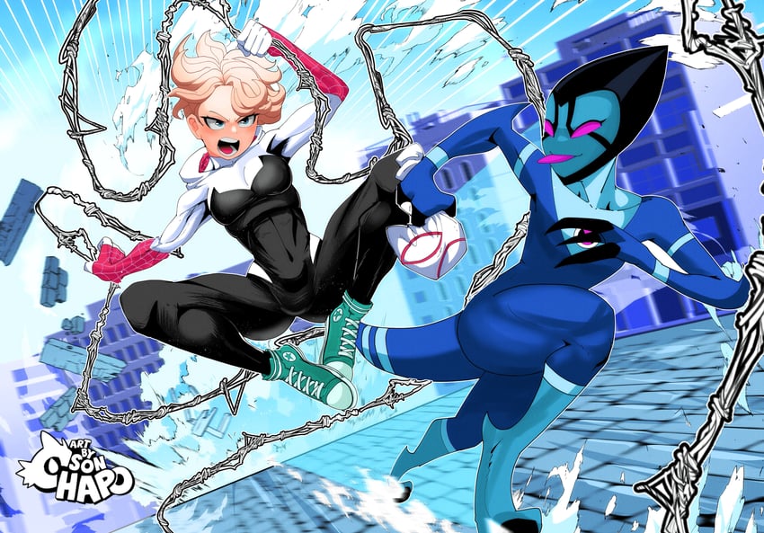 spider-gwen, gwen stacy, gwen tennyson, and xlr8 (marvel and 3 more) drawn by sonchapo