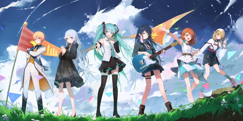 hatsune miku, yoisaki kanade, tenma tsukasa, azusawa kohane, hanasato minori, and 1 more (vocaloid and 1 more) drawn by bisaana