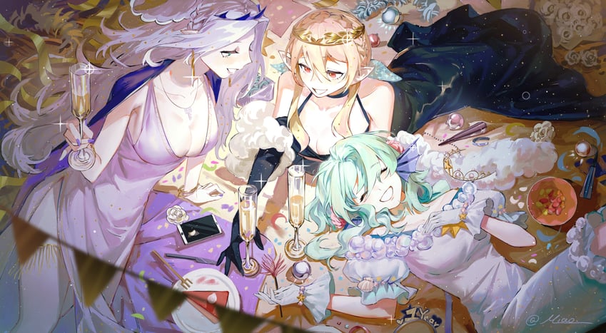 elira pendora, pomu rainpuff, and finana ryugu (nijisanji and 1 more) drawn by miao94236