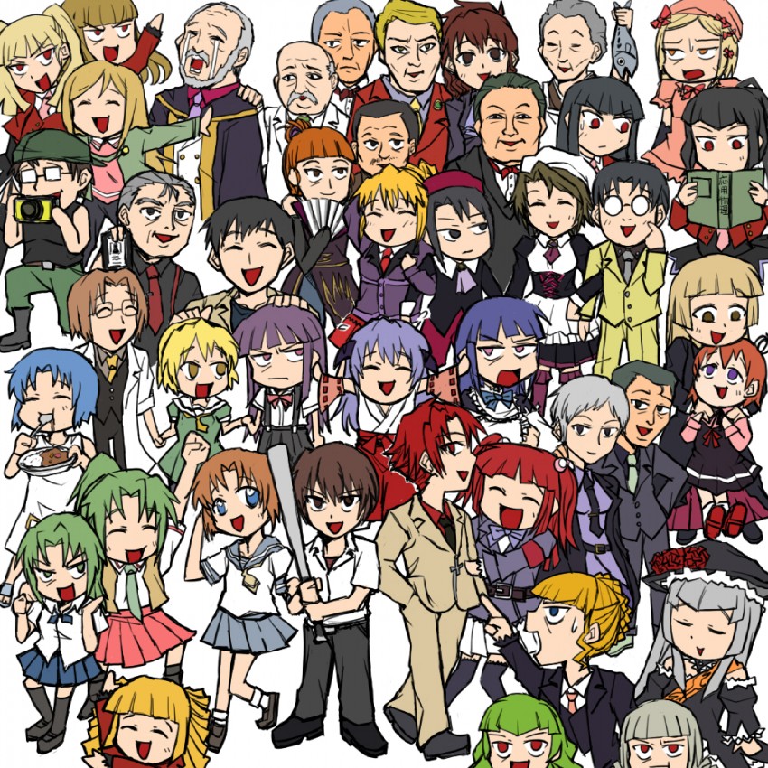 furude rika, ryuuguu rena, houjou satoko, beatrice, ushiromiya battler, and 36 more (higurashi no naku koro ni and 1 more) drawn by rifyu