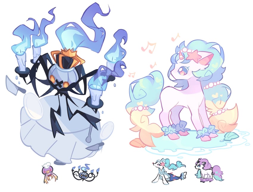chandelure, primarina, drifblim, and galarian ponyta (pokemon) drawn by charamells