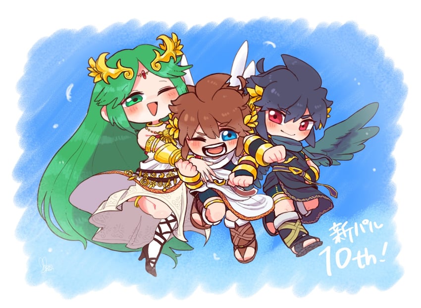 palutena, pit, and dark pit (kid icarus and 1 more) drawn by moechar0426