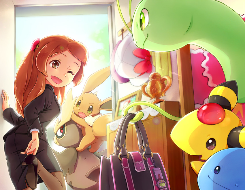 eevee, lyra, ampharos, quagsire, meganium, and 1 more (pokemon) drawn by wataame_(tulip)