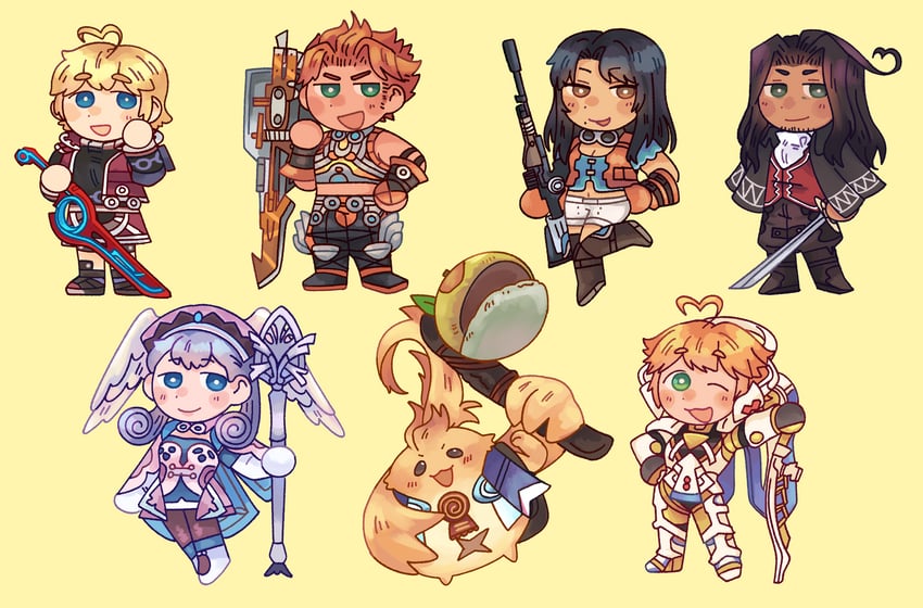 melia antiqua, shulk, fiora, mecha-fiora, riki, and 3 more (xenoblade chronicles and 1 more) drawn by hoshizora_lone