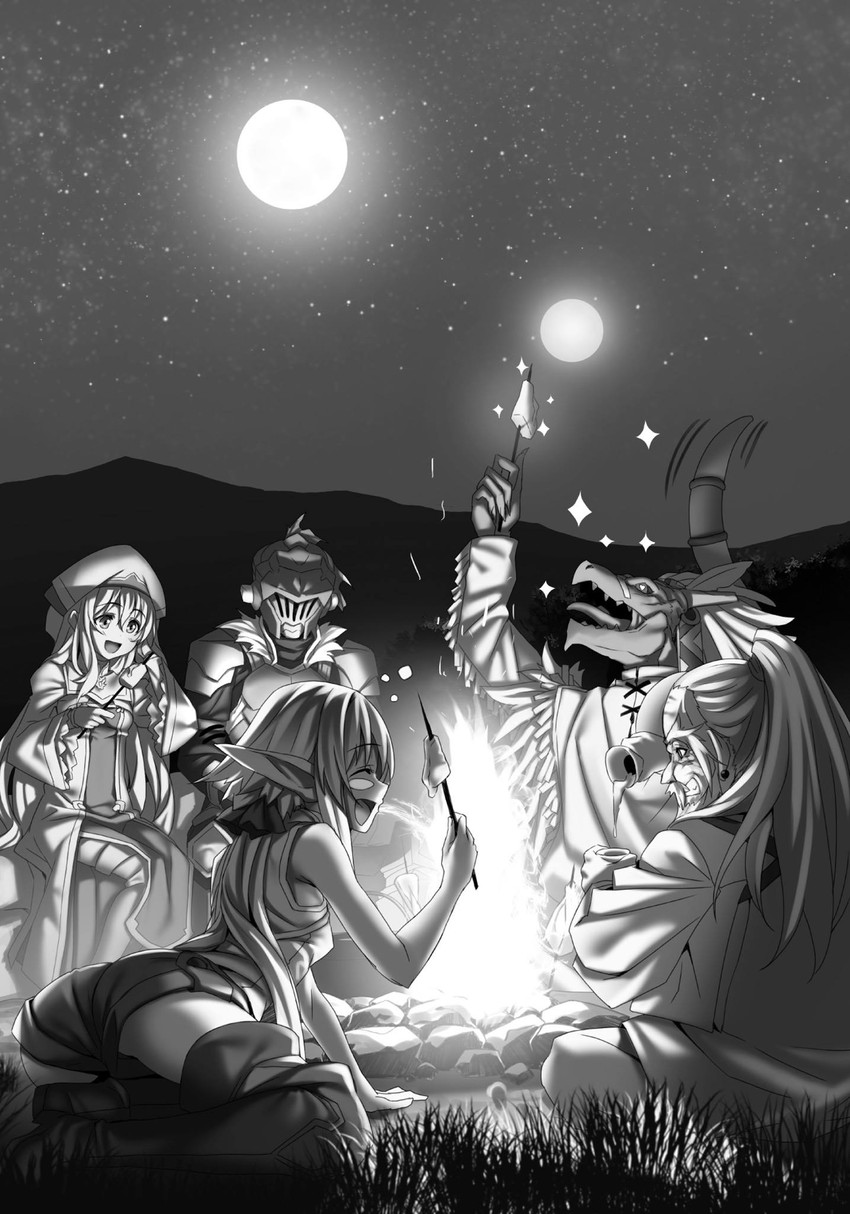 priestess, high elf archer, goblin slayer, lizard priest, and dwarf shaman (goblin slayer!) drawn by kannatsuki_noboru