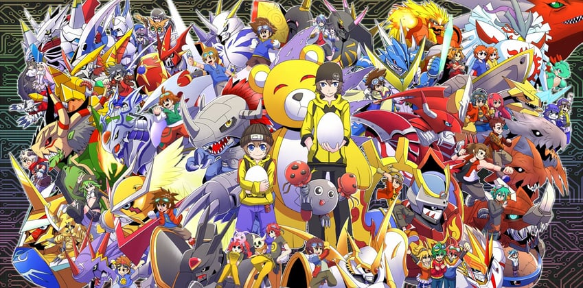 yagami taichi, omegamon, dukemon, motomiya daisuke, alphamon, and 66 more (digimon and 20 more) drawn by gerukizoku