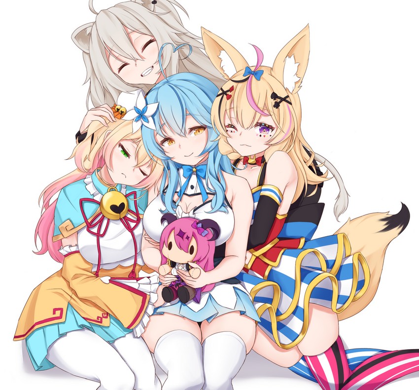 yukihana lamy, shishiro botan, omaru polka, momosuzu nene, and mano aloe (hololive) drawn by meemo