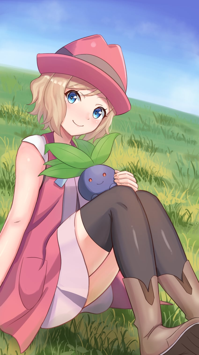 serena and oddish (pokemon and 1 more) drawn by amai_to_mato