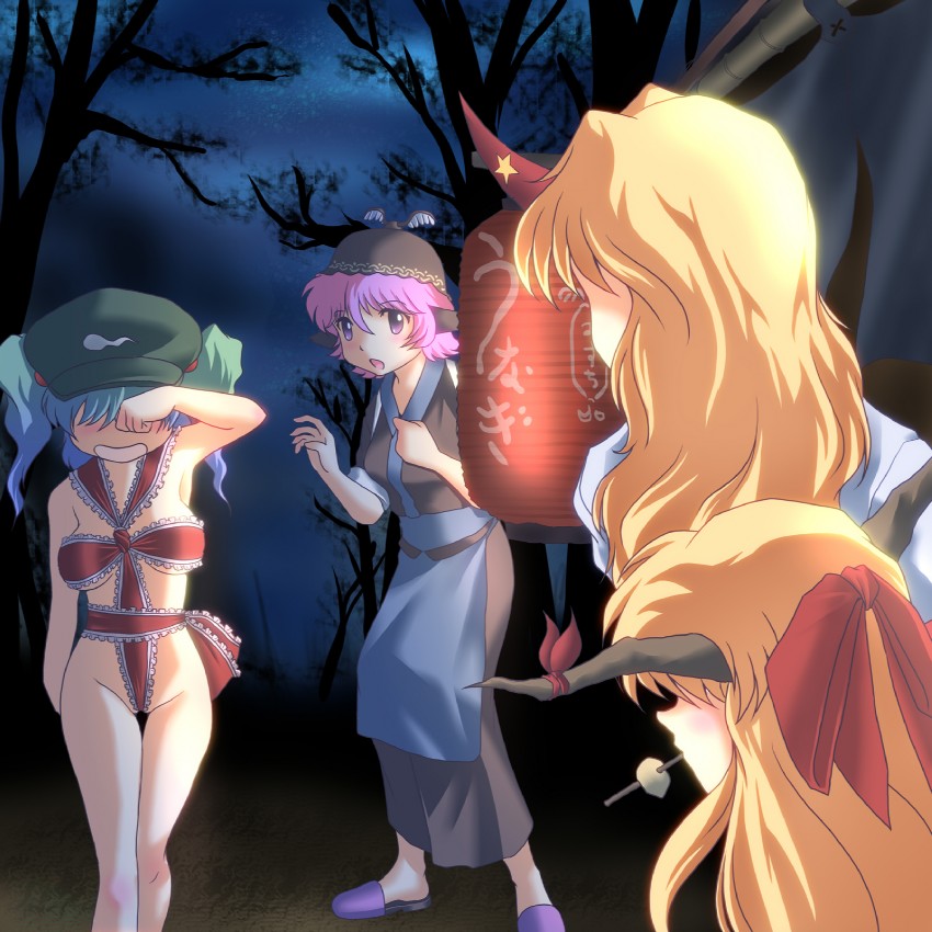 kawashiro nitori, mystia lorelei, ibuki suika, hoshiguma yuugi, and okamisty (touhou) drawn by wancozow