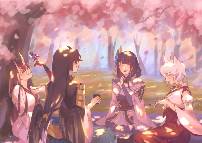 raiden shogun, kitsune saiguu, chiyo, and sasayuri (genshin impact) drawn by hoshioyo