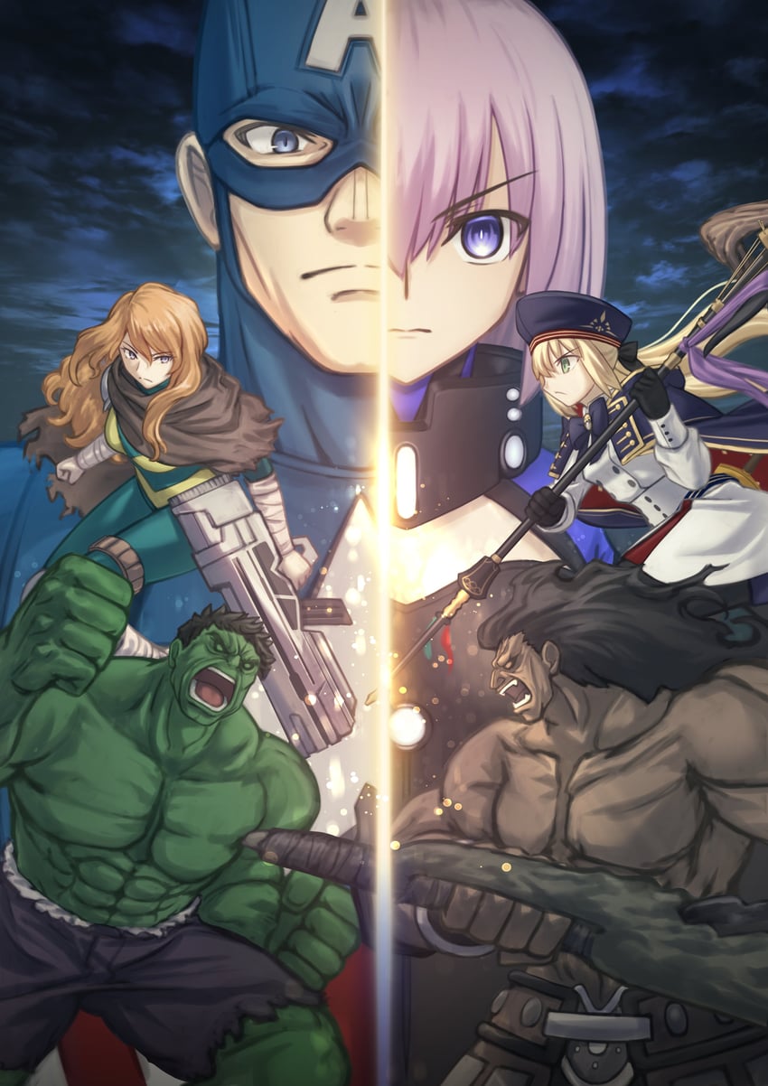 artoria pendragon, mash kyrielight, artoria caster, steve rogers, heracles, and 3 more (fate and 3 more) drawn by shoori_(migiha)
