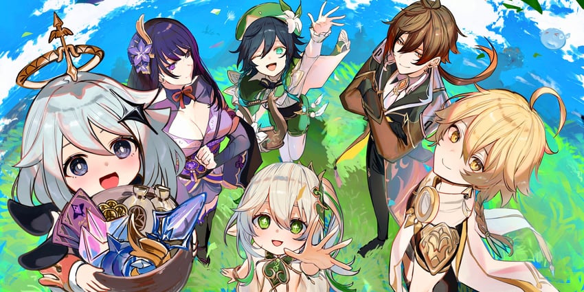 raiden shogun, aether, nahida, zhongli, venti, and 1 more (genshin impact) drawn by ikasoba