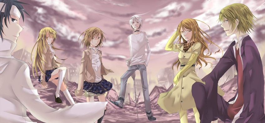 misaka mikoto, shokuhou misaki, accelerator, mugino shizuri, kakine teitoku, and 1 more (toaru majutsu no index) drawn by shiro_(mikanbako)