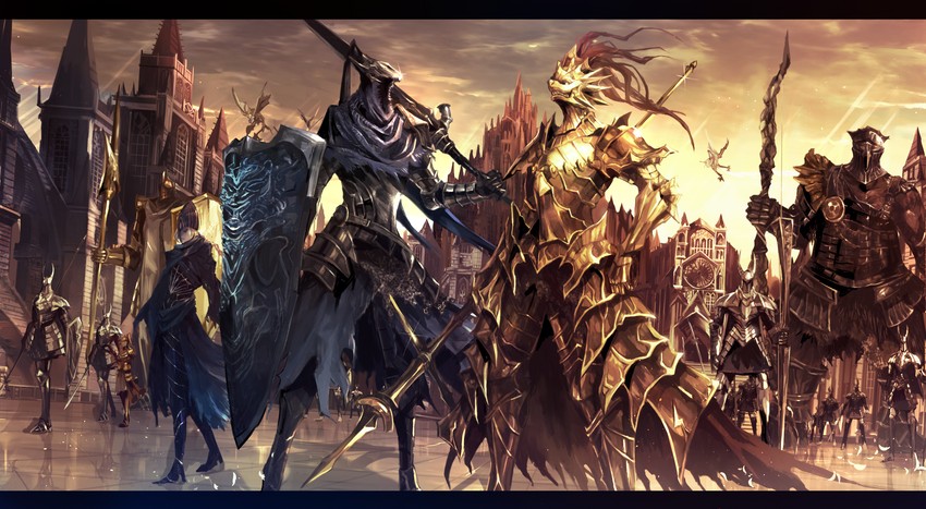 artorias the abysswalker, dragon slayer ornstein, lord's blade ciaran, hawkeye gough, silver knight, and 2 more (dark souls and 1 more) drawn by mono_(jdaj)