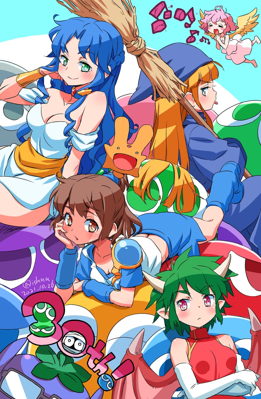 arle nadja, puyo, carbuncle, draco centauros, witch, and 4 more (puyopuyo) drawn by isedaichi_ken