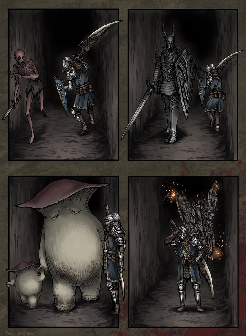 chosen undead, black knight, mushroom parent, mushroom child, hollow, and 1 more (dark souls and 1 more) drawn by nagekichi