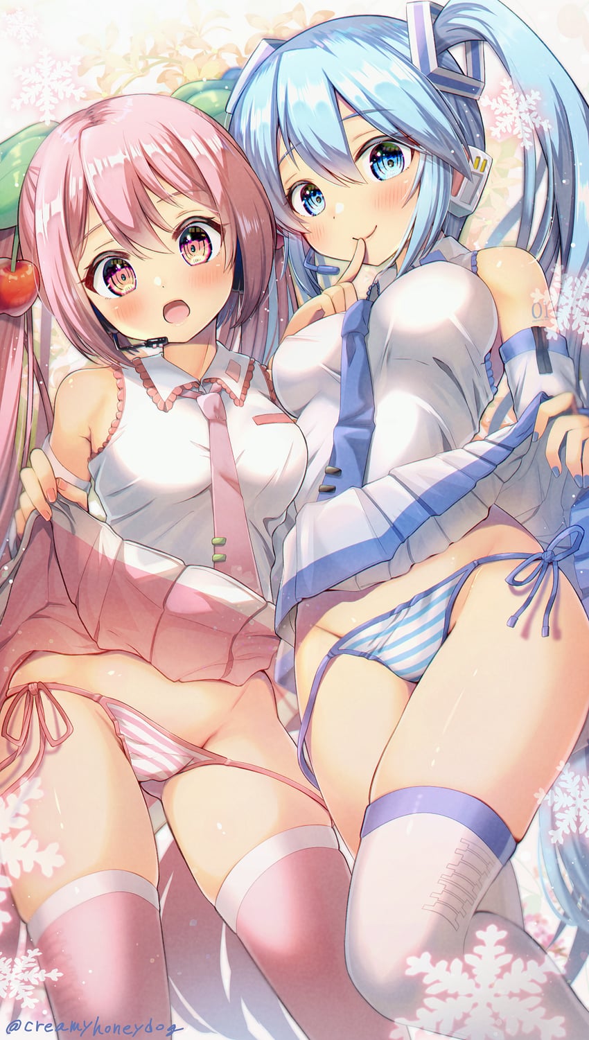 hatsune miku, yuki miku, and sakura miku (vocaloid) drawn by shindoi_akio