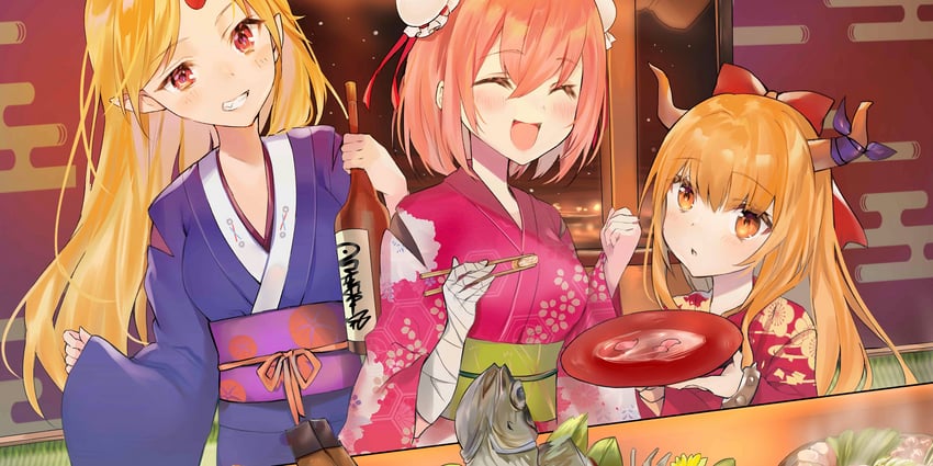 ibuki suika, hoshiguma yuugi, and ibaraki kasen (touhou and 1 more) drawn by nana_kagura