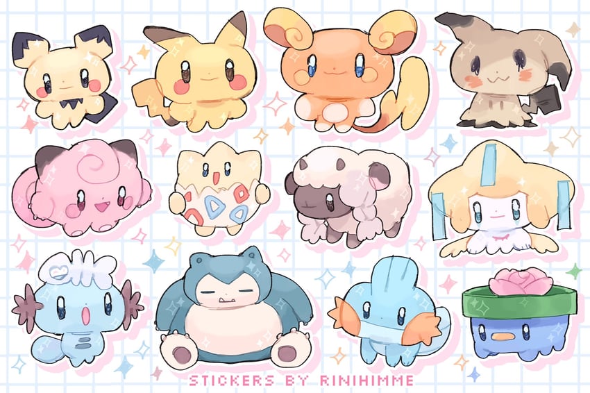 pikachu, mimikyu, jirachi, pichu, mudkip, and 7 more (pokemon) drawn by rinihimme